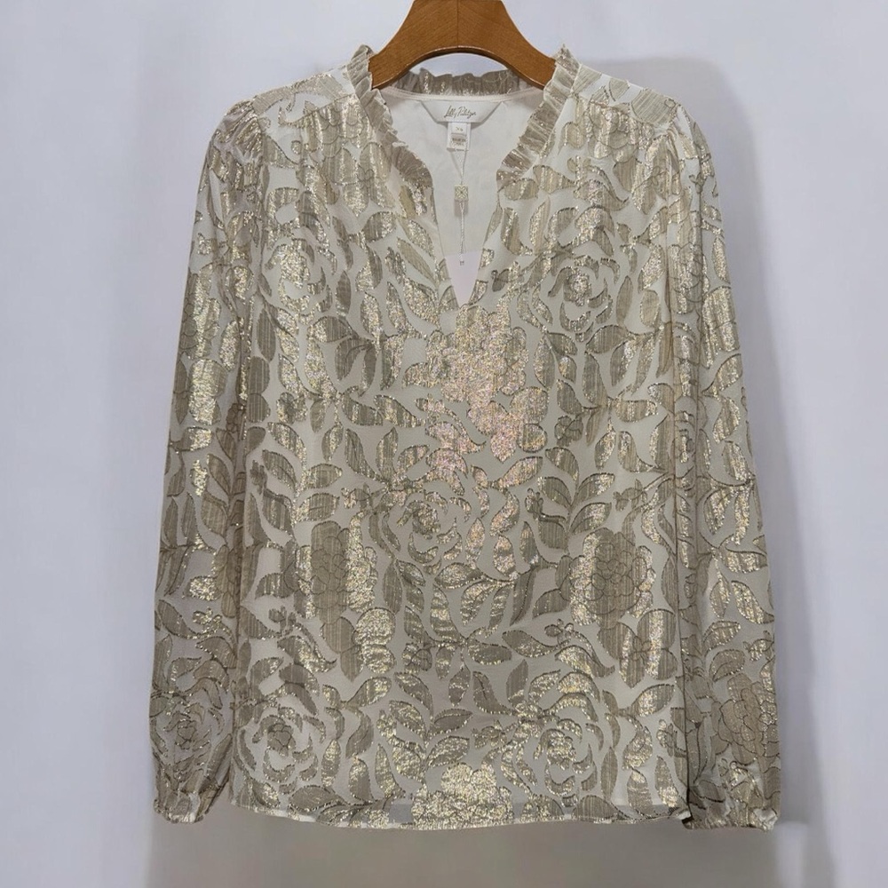 Lilly Pulitzer Gold Giana Long Sleeve Silk Top, Coconut Floral Bloom size XS